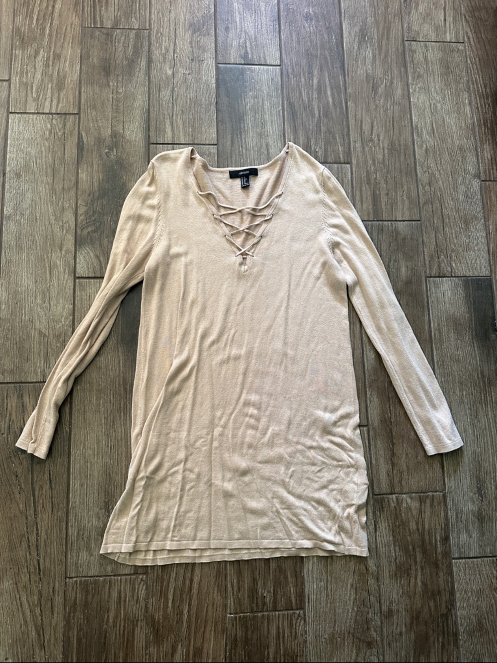 Long Sleeve Lace-Up V-Neck Dress- Beige